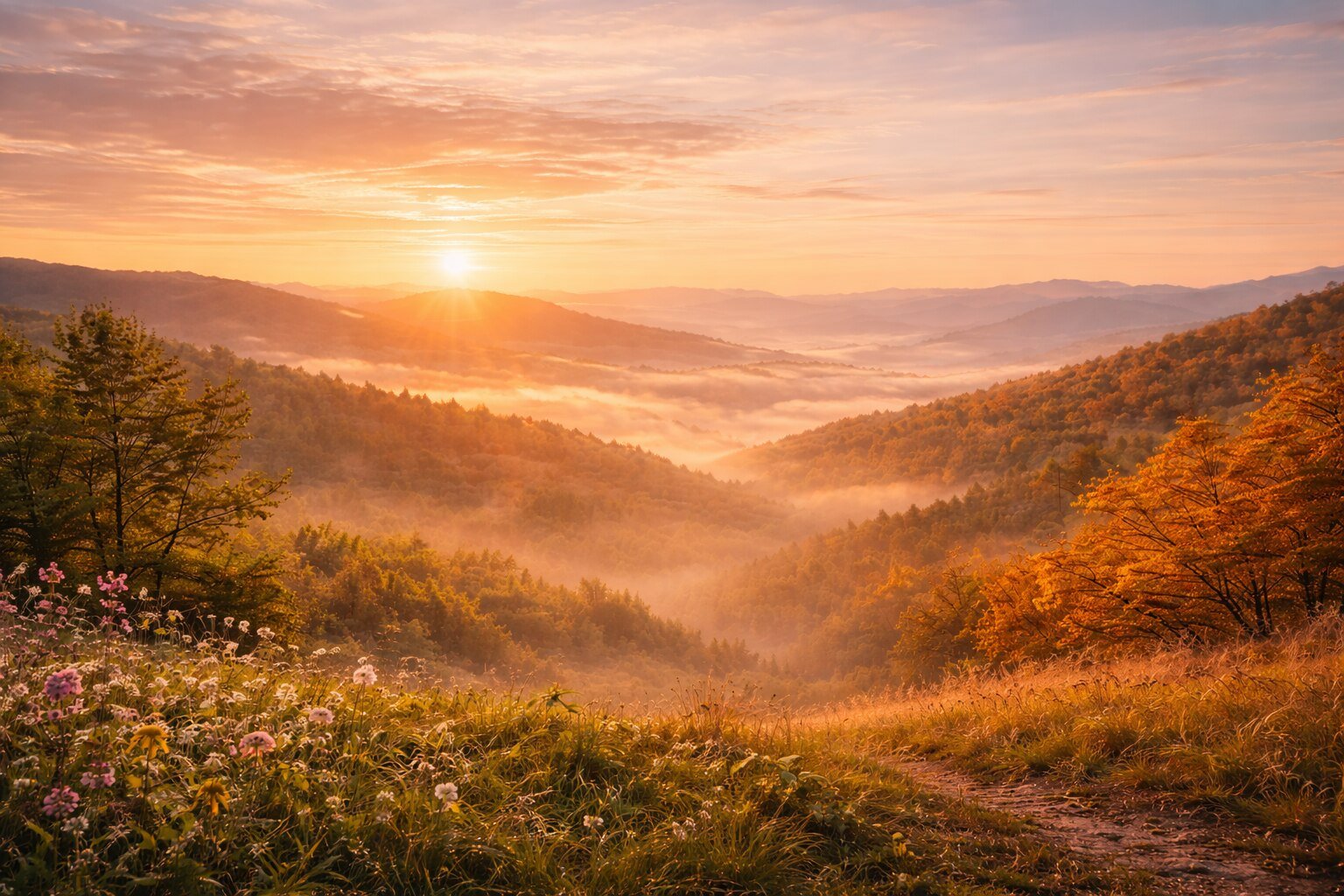Paisagem panorâmica ao nascer do sol mostrando a transição simbólica entre primavera e outono, representando os ciclos da Terra e o novo período solar celebrado pela Escola Arqueiro Taoista