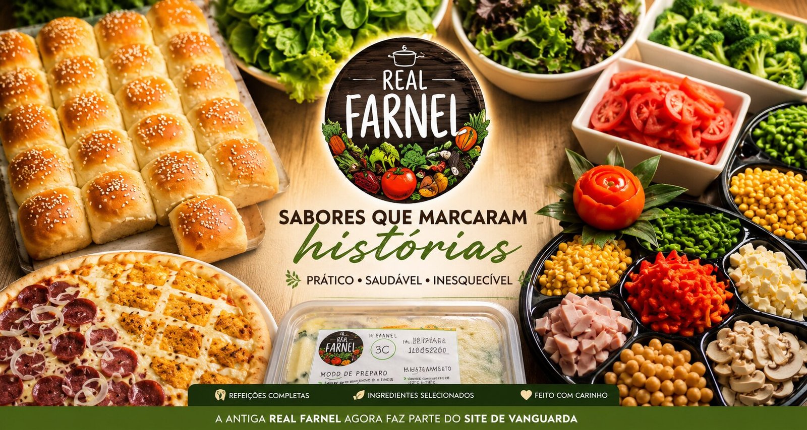 Mesa com pães artesanais, refeições saudáveis, pizza e ingredientes frescos da Real Farnel, representando sabores que marcaram histórias.