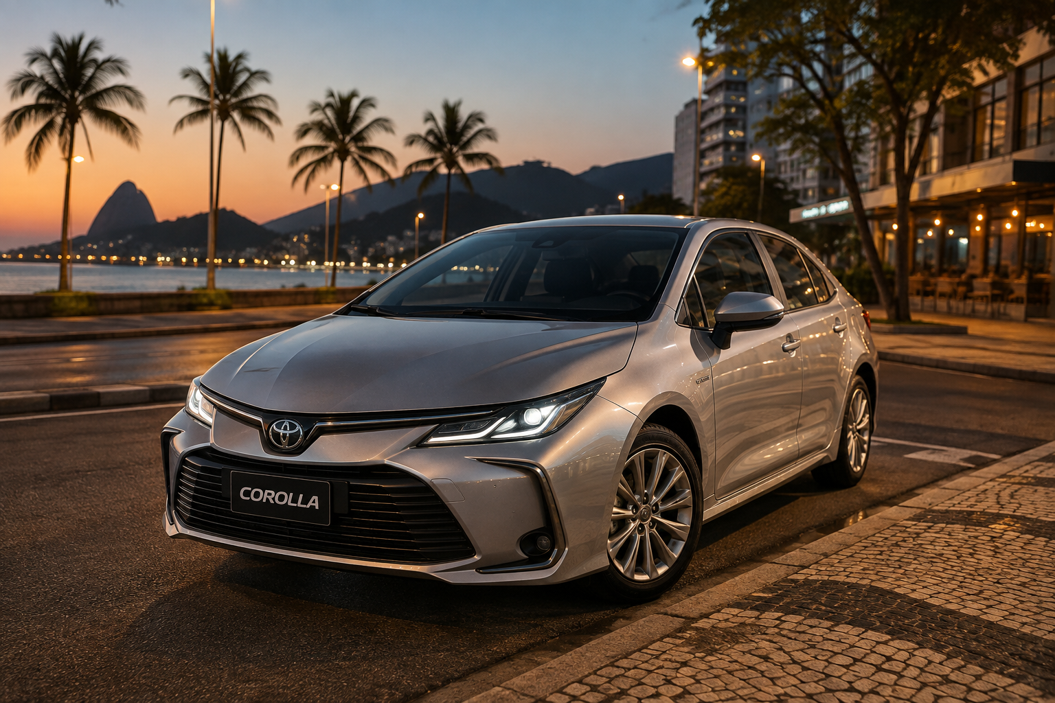 Toyota Corolla prata da frota de transporte executivo RJ estacionado em rua elegante do Rio de Janeiro.