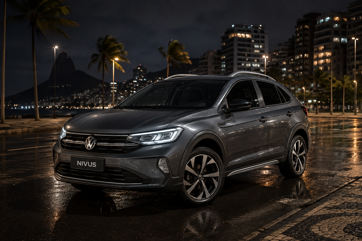 Volkswagen Nivus cinza escuro da frota de transporte executivo RJ em cenário urbano elegante do Rio de Janeiro.